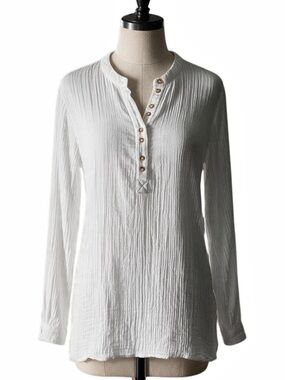 Anthropologie White Cotton Gauze Henley Blouse Top - XXS
